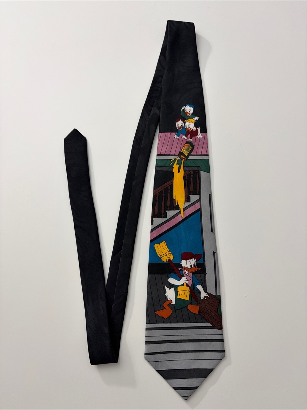 Vtg 90s Disney Unlimited Black Tie with Donald Duck and Nephews Huey Dewey Louie